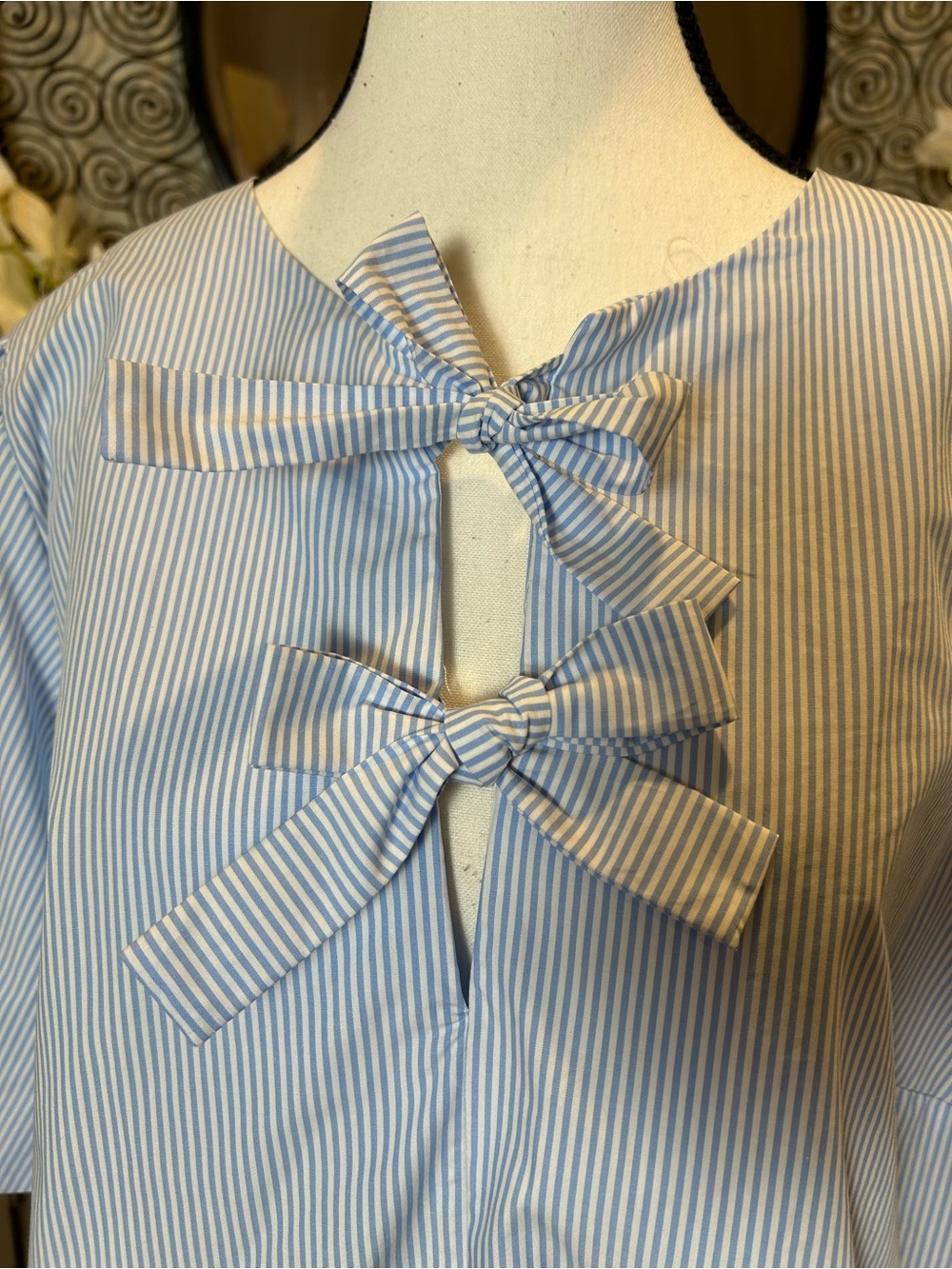 kate spade Blue and White Striped Bow-Front Puff Sleeve Blouse - Picture 2 of 12